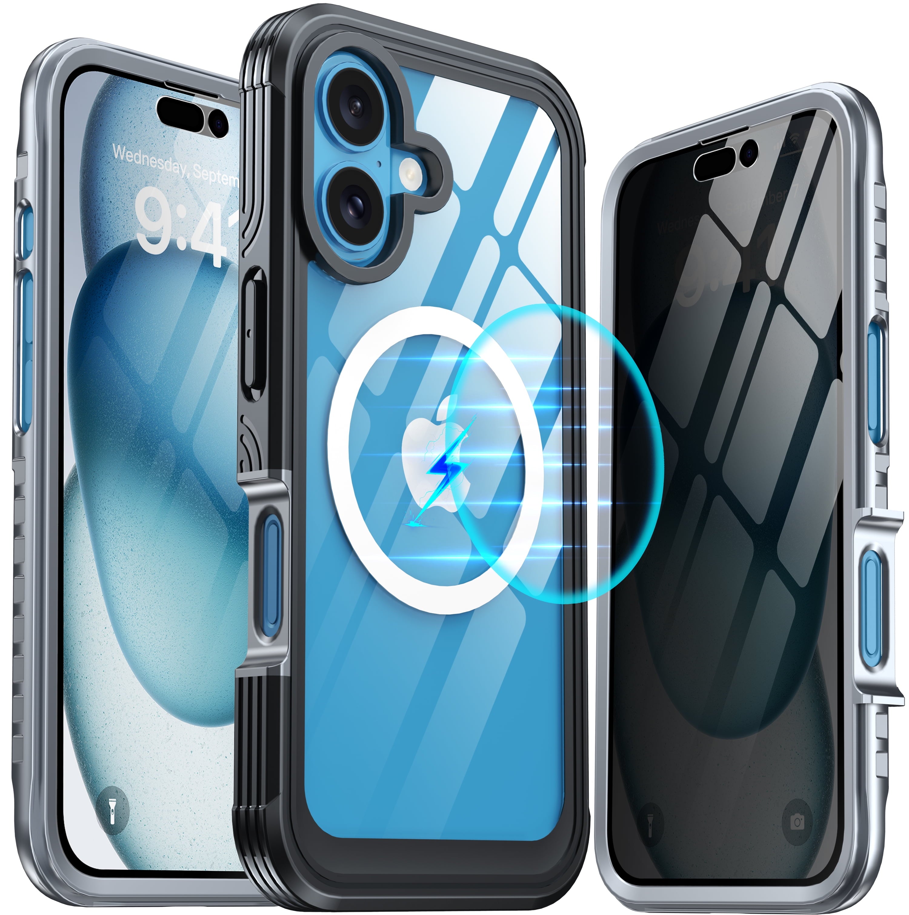for Iphone 16 plus Case, Double Front Frame Built-In 9H Tempered Glass Screen Protector + Privacy Screen Protector, Compatible with Magsafe, Magnetic Phone Case for Iphone 16 Plus-Black