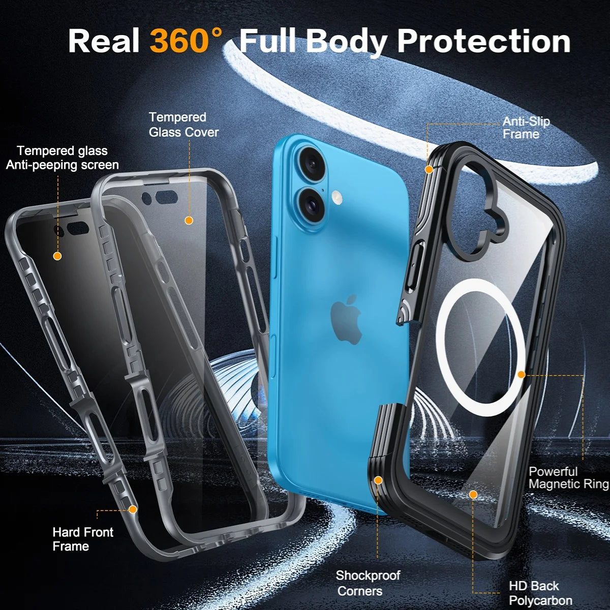 for Iphone 16 plus Case, Double Front Frame Built-In 9H Tempered Glass Screen Protector + Privacy Screen Protector, Compatible with Magsafe, Magnetic Phone Case for Iphone 16 Plus-Black